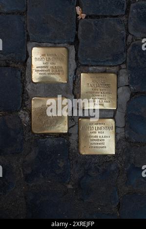 Stolpersteine, (pietre d'inciampo), petites pierres en laiton pour rappeler les victimes du nazisme et du fascisme en Europe, Campo dei Fiori, Rome, Italie Banque D'Images