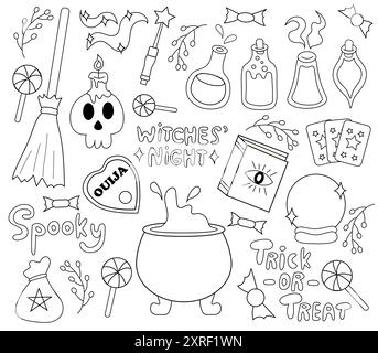 Ensemble d'éléments d'Halloween. Dessin de ligne de contour Chaudron, bouteilles de poison, ouija, livre magique, tarot, boule magique, balai, crâne, bougie, baguette magique. Illustration de Vecteur