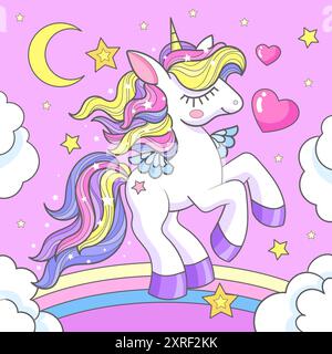 Licorne blanche de dessin animé avec crinière arc-en-ciel avec nuages, coeurs et lune. Personnage fantastique mignon. Pour les impressions de conception d'enfants, affiches, cartes, autocollants, Illustration de Vecteur