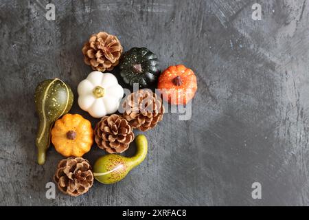 Citrouilles décoratives et cônes de sapin sur une table. Gros plan photo d'ornements d'automne sur fond de texture sombre avec espace de copie. Banque D'Images