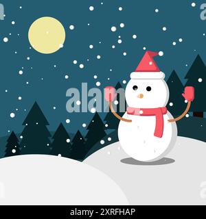 Une nuit froide avec un bonhomme de neige et de la neige tombant sous le clair de lune. Illustration de Vecteur