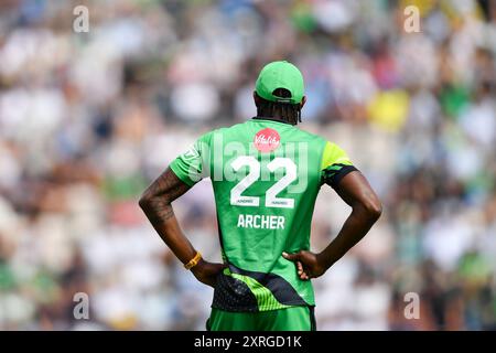 Southampton, Royaume-Uni. 10 août 2024. Jofra Archer de Southern Brave lors du Hundred Men's match entre Southern Brave et Trent Rockets au Utilita Bowl. Crédit : Dave Vokes/Alamy Live News Banque D'Images