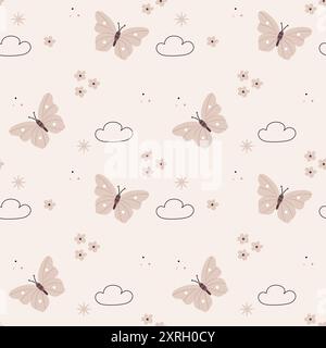 Motif mignon dans le style scandinave, boho, minimalisme dans des couleurs pastel neutres beige. Petites fleurs et papillons. Décor pour la pépinière, douche de bébé, Illustration de Vecteur