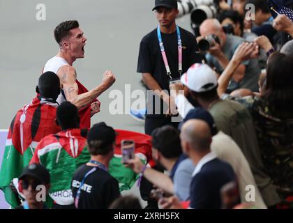 Paris, France. 10 août 2024. Jakob Ingebrigtsen, de Norvège, réagit après la finale masculine du 5000m d'athlétisme aux Jeux Olympiques de Paris 2024, à Paris, France, le 10 août 2024. Crédit : Li Gang/Xinhua/Alamy Live News Banque D'Images