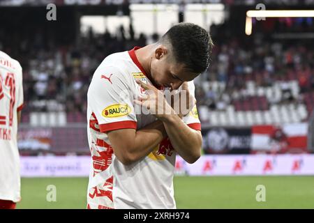 Salzbourg, Autriche. 10 août 2024. SALZBOURG, AUTRICHE - 10 AOÛT : Oscar Gloukh de Salzbourg réagit lors du match de l'Admiral Bundesliga entre le FC Red Bull Salzbourg et le FC Blau-Weiss Linz au Red Bull Arena le 10 août 2024 à Salzbourg, Autriche. 240810 SEPA 26 023 - 20240810 PD19249 crédit : APA-PictureDesk/Alamy Live News Banque D'Images