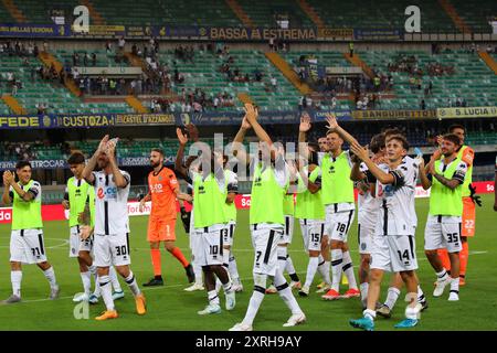 Vérone, Italie. 10 août 2024. Cesena fête la fin, en action lors du match de football Frecciarossa Coupe d'Italie 2024/25 entre Hellas Vérone et Cesena au stade Marcantonio Bentegodi, au nord de l'est de l'Italie - samedi 10 août 2024. Sport - Soccer (photo de Paola Garbuioi/Lapresse) crédit : LaPresse/Alamy Live News Banque D'Images