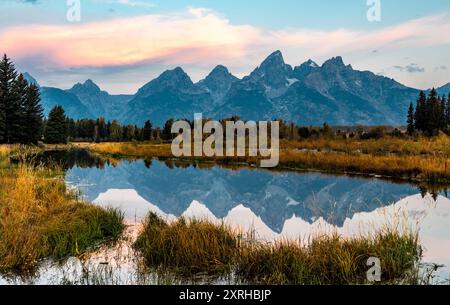 Sunset, Schwabacher Landing, Grand Teton Range, Snake River, Grand Teton, parc national, Wyoming Banque D'Images