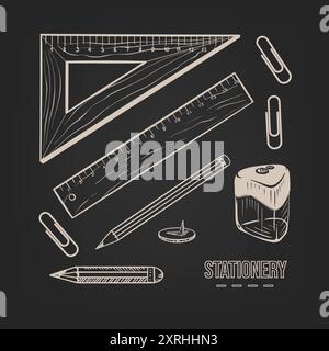 Croquis de carré de papeterie, règle, taille-crayon, trombones, crayons, boutons dessinés à la main sur un fond sombre. Vecteur Illustration de Vecteur