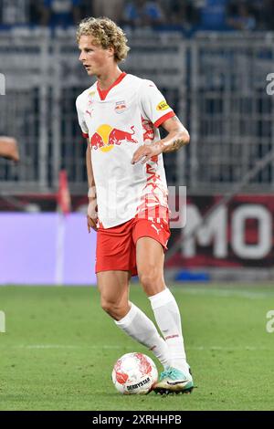 Salzbourg, Autriche. 10 août 2024. SALZBOURG, AUTRICHE - 10 AOÛT : Maurits Kjaergaard de Salzbourg lors du match de l'Admiral Bundesliga entre le FC Red Bull Salzbourg et le FC Blau-Weiss Linz au Red Bull Arena le 10 août 2024 à Salzbourg, Autriche.240810 SEPA 24 046 - 20240810 PD23038 crédit : APA-PictureDesk/Alamy Live News Banque D'Images