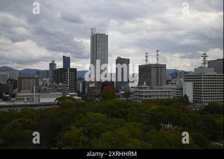 Paysage urbain avec vue panoramique sur Hiroshima vu depuis les rives de la rivière Motoyasu au Japon. Banque D'Images