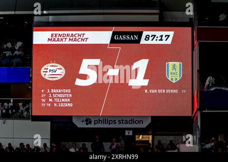 EINDHOVEN, pays-Bas. 10 août 2024. SPO, stade Philips, Dutch eredivisie, saison 2024/2025, pendant le match PSV - RKC, scorebord avec le 5-1 crédit : Pro Shots/Alamy Live News Banque D'Images