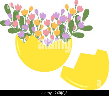 Partie coquille d'œuf avec bouquet floral à l'intérieur dans des teintes douces tendance. Composition de printemps ou de Pâques isolée sur illustration vectorielle blanche. Cartes, affiches, bannières, brochure, étiquette de prix, étiquette ou idée de conception web Illustration de Vecteur