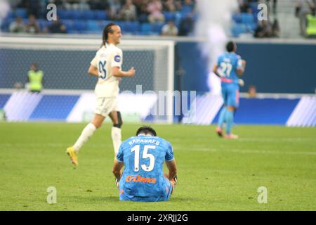 Saint-Pétersbourg, Russie. 10 août 2024. Vyacheslav Karavaev (15 ans) de Zenit vu en action lors du match de football de la première Ligue russe entre Zenit Saint-Pétersbourg et Dynamo Moscou à Gazprom Arena. Score final ; Zenit 1:0 Dynamo. Crédit : SOPA images Limited/Alamy Live News Banque D'Images