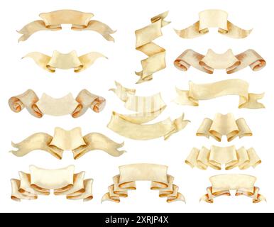 Ensemble d'éléments de bannière ruban beige papier pour texte court ou emblème. Illustration aquarelle d'un rouleau vintage, manuscrit. modèle de banderole en papier roulé Banque D'Images