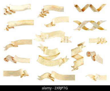 Ensemble de bannières de ruban beige en papier et d'éléments d'ornement pour le texte décoratif de différentes longueurs. Illustration aquarelle d'un rouleau vintage, manuscrip Banque D'Images