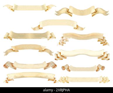 Ensemble d'éléments de bannière ruban beige papier pour textes de longueur moyenne ou logo. Illustration aquarelle d'un rouleau vintage, manuscrit. Papier roulé banne Banque D'Images