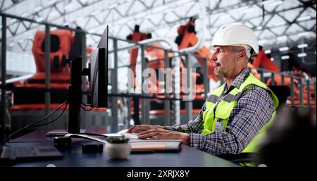 Ingénieur utilisant le PC dans la chaîne d'assemblage automatisée d'usine de voiture Banque D'Images