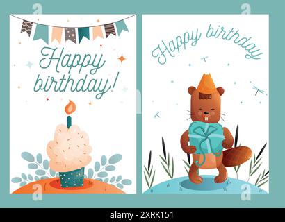 Carte de voeux mignonne pour enfants. Ensemble de carte de joyeux anniversaire avec castor et gâteau d'anniversaire. Vecteur. Illustration de Vecteur