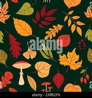 Modèle sans couture avec des feuilles d'automne et des champignons Illustration de Vecteur