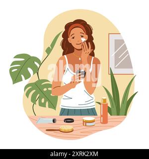 Femme heureuse appliquant la crème sur l'illustration vectorielle de couleur plate de visage. Dame utilisant le produit cosmétique à la maison icône de concept sur fond blanc Illustration de Vecteur