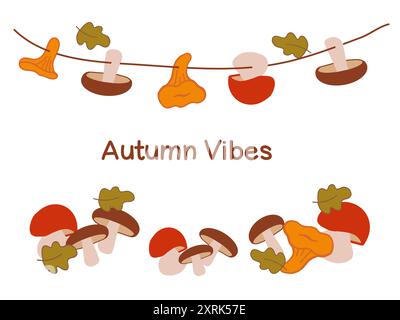 Décorations colorées sur le thème de l'automne mettant en vedette divers champignons et feuilles dans des tons chauds Illustration de Vecteur