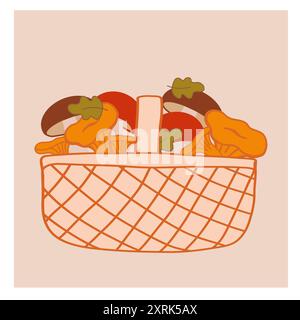 Panier rempli de légumes et de champignons colorés sur un fond pastel Illustration de Vecteur