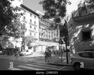 Palma, Espagne - 8 juillet 2024 : une rue animée de Palma de Majorque présente en arrière-plan l'immeuble de bureaux du siège social BBVA, avec une image monochrome capturant l'atmosphère urbaine dynamique et l'importance de l'institution financière. Banque D'Images