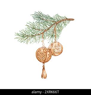 Branche de sapin avec des boules de fer du nouvel an illustration aquarelle dans le style steampunk. Plantes forestières pour l'hiver et le décor de Noël. Isolé de l'arrière Banque D'Images