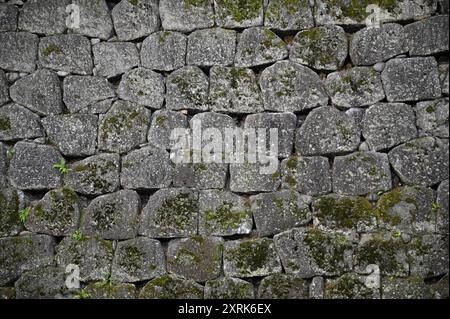 Ancien mur de pierre de style Shikishi Tanzaku-Zumi sur le terrain du jardin Gyokusen’inmaru à Kanazawa, Japon. Banque D'Images