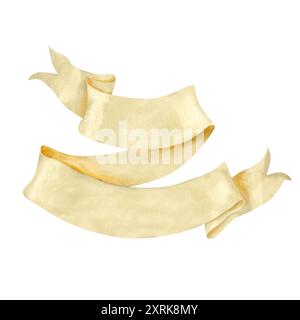 Bannière de ruban beige vierge dessinée à la main pour la conception de texte décoratif en différentes longueurs. Étiquette bouclée vintage aquarelle. Motto concevoir des modèles pour badges, Banque D'Images