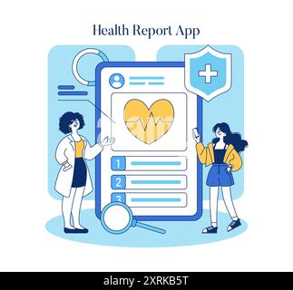 Concept de l'application Health Report. Illustration d'utilisateurs interagissant avec une application mobile affichant des informations médicales et des données de fréquence cardiaque. Design monochrome avec des teintes bleues. Illustration vectorielle. Illustration de Vecteur