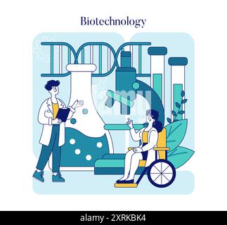 Concept de biotechnologie. Scientifiques travaillant dans un laboratoire avec hélice d'ADN, recherche microscopique et innovation. Inclusivité dans la science moderne. Illustration vectorielle. Illustration de Vecteur