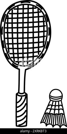 Raquette de badminton avec volant icône dessinée à la main. Contour noir de l'équipement de badminton. Dessin d'équipement de sport. Illustration de Vecteur