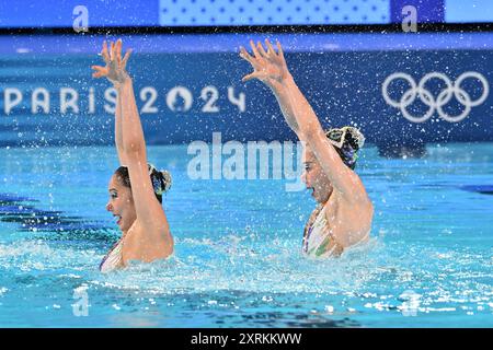 HIGA Moe / Sato Tomoka, Japan Team (JPN), duo Free routine à Acquatics Center, pendant les Jeux Olympiques de Paris 2024, 10 août 2024, Paris, France. (Photo Enrico Calderoni/AFLO SPORT) Banque D'Images