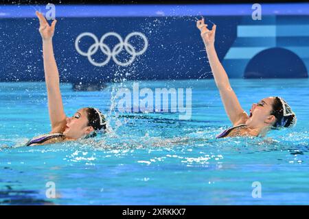 HIGA Moe / Sato Tomoka, Japan Team (JPN), duo Free routine à Acquatics Center, pendant les Jeux Olympiques de Paris 2024, 10 août 2024, Paris, France. (Photo Enrico Calderoni/AFLO SPORT) Banque D'Images