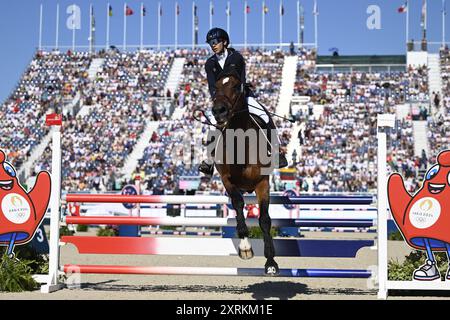 Versailles, France. 11 août 2024. Elena Micheli, italienne, participe à la finale du Pentathlon moderne aux Jeux Olympiques de Château de Versailles, France, le 11 août 2024. Crédit : Ondrej Deml/CTK photo/Alamy Live News Banque D'Images