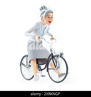 3d bande dessinée grand-mère vélo avec jambes dehors, illustration isolée sur fond blanc Banque D'Images