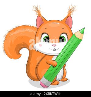 Écureuil de dessin animé mignon avec un grand crayon vert. Illustration vectorielle d'école avec un animal sur fond blanc. Illustration de Vecteur