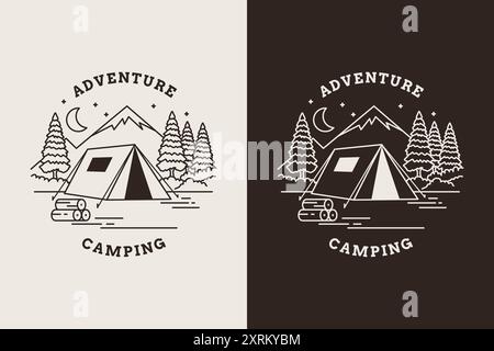 Logo Monoline du camping dans la nature avec des arbres et des montagnes Illustration de Vecteur