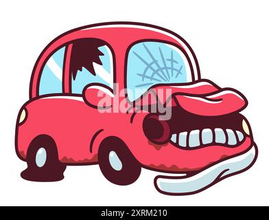 Vieux dessin de voiture de jonque naufragée. Voiture rouge de dessin animé mignonne avec des fenêtres cassées, des pneus à plat et de la rouille. Illustration clip art vectorielle isolée. Illustration de Vecteur