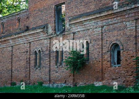 Les fenêtres d'une écurie de briques en ruine. bâtiments du xixe siècle Banque D'Images