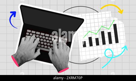 Collage rétro. Mains humaines et ordinateur portable. Concept de comptabilité et d'analyse financière. Illustration vectorielle Illustration de Vecteur