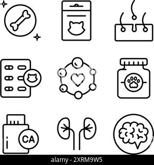 Icônes de contour de vitamines pour animaux de compagnie définies. Différents types de médicaments pour animaux de compagnie, vitamines et suppléments. Icônes vectorielles simples pour ui et ux, site Web ou mob Illustration de Vecteur