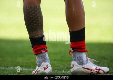 Leigh, Royaume-Uni. 11 août 2024. Le tatouage de jambe d'Umyla Hanley de Leigh Leopards lors du match Leigh Leopards vs Hull FC au Leigh Sports Village, Leigh, Royaume-Uni, 11 août 2024 (photo par Gareth Evans/News images) à Leigh, Royaume-Uni le 8/11/2024. (Photo de Gareth Evans/News images/SIPA USA) crédit : SIPA USA/Alamy Live News Banque D'Images