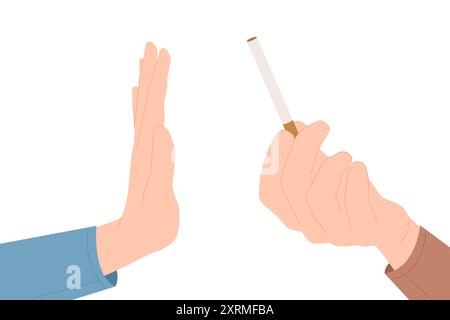 Le rejet du tabac, la dépendance et les comportements malsains gagnent. Scène avec la main du fumeur et du toxicomane offrant la cigarette de tabac à la personne avec le geste d'arrêt de refus de fumer illustration vectorielle de dessin animé Illustration de Vecteur