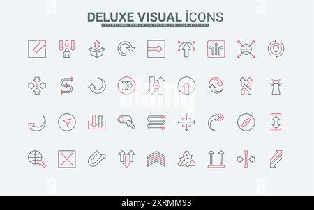 Icônes de ligne de flèche définies. Panneaux de signalisation pour mettre à jour et transférer des données, échanger et répéter, faire pivoter le mouvement, augmenter et diminuer les affaires développer l'illustration vectorielle de symboles de contour noir et rouge mince Illustration de Vecteur
