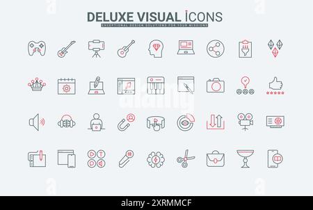 Icônes de ligne de services de production de contenu vidéo et audio définies. Les médias sociaux aiment et la conception du portefeuille d'auteurs et blog, produit numérique mince noir et rouge illustration vectorielle de symboles de contour Illustration de Vecteur