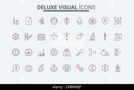 Jeu d'icônes de ligne de recherche génétique et de biotechnologie. Recherche de mutations et couper l'ADN, hérédité dans le génome humain, viande cultivée, microscope de laboratoire mince noir et rouge illustration vectorielle de symboles de contour Illustration de Vecteur