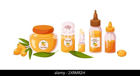 Ensemble d'objets de dessin animé 2D produits de baies d'argousier. Icônes vectorielles de ligne plate d'ingrédients alimentaires et cosmétiques sains sur fond blanc Illustration de Vecteur