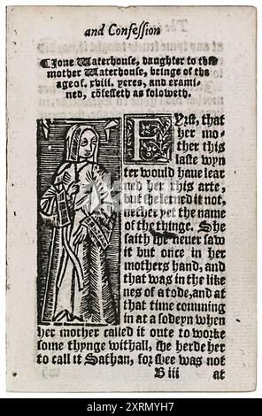 Agnes Waterhouse (1503-1566), également connue sous le nom de «Mother Waterhouse», a été jugée à Chelmsford en 1566 pour avoir utilisé la sorcellerie pour causer la maladie à William Fynne et a été l'une des premières femmes exécutées pour sorcellerie en Angleterre. Gravure sur bois tirée d'une brochure tirée de l'examen et de la confession de certains Wytches à Chensforde dans le comté d'Essex devant les Quenes Maiesties Judges the XXVI daye of July anno 1566 par John Phillips publié en 1566. Banque D'Images